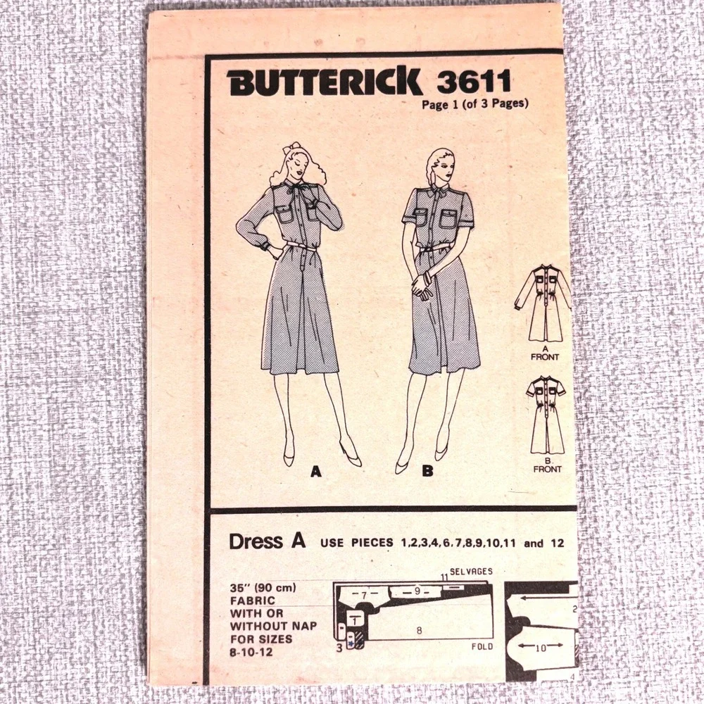 Butterick 3611 Safari Chic Button-Up Shirt Dress Sz 10 Preppie Classic Vtg 70s